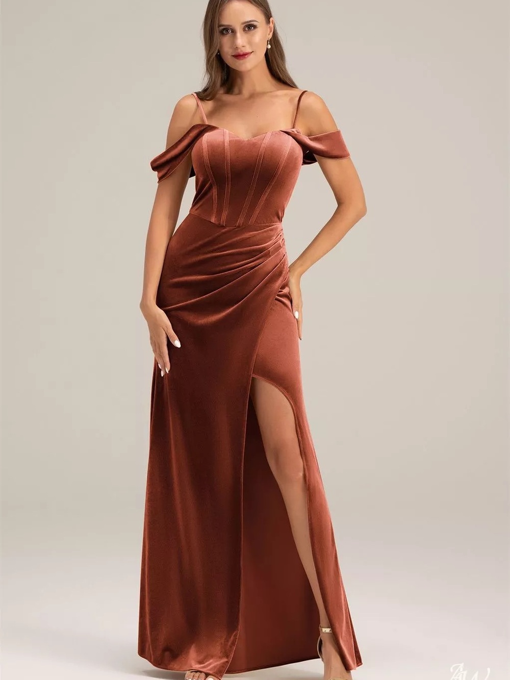 Rust Satin Off-Shoulder Evening Dress with Thigh Slit